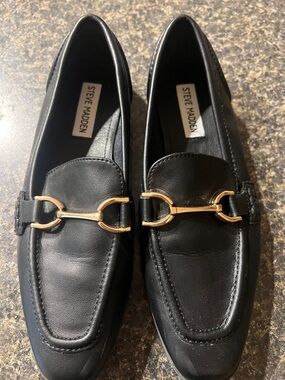Steve Madden Black Loafers with Gold Hardware
